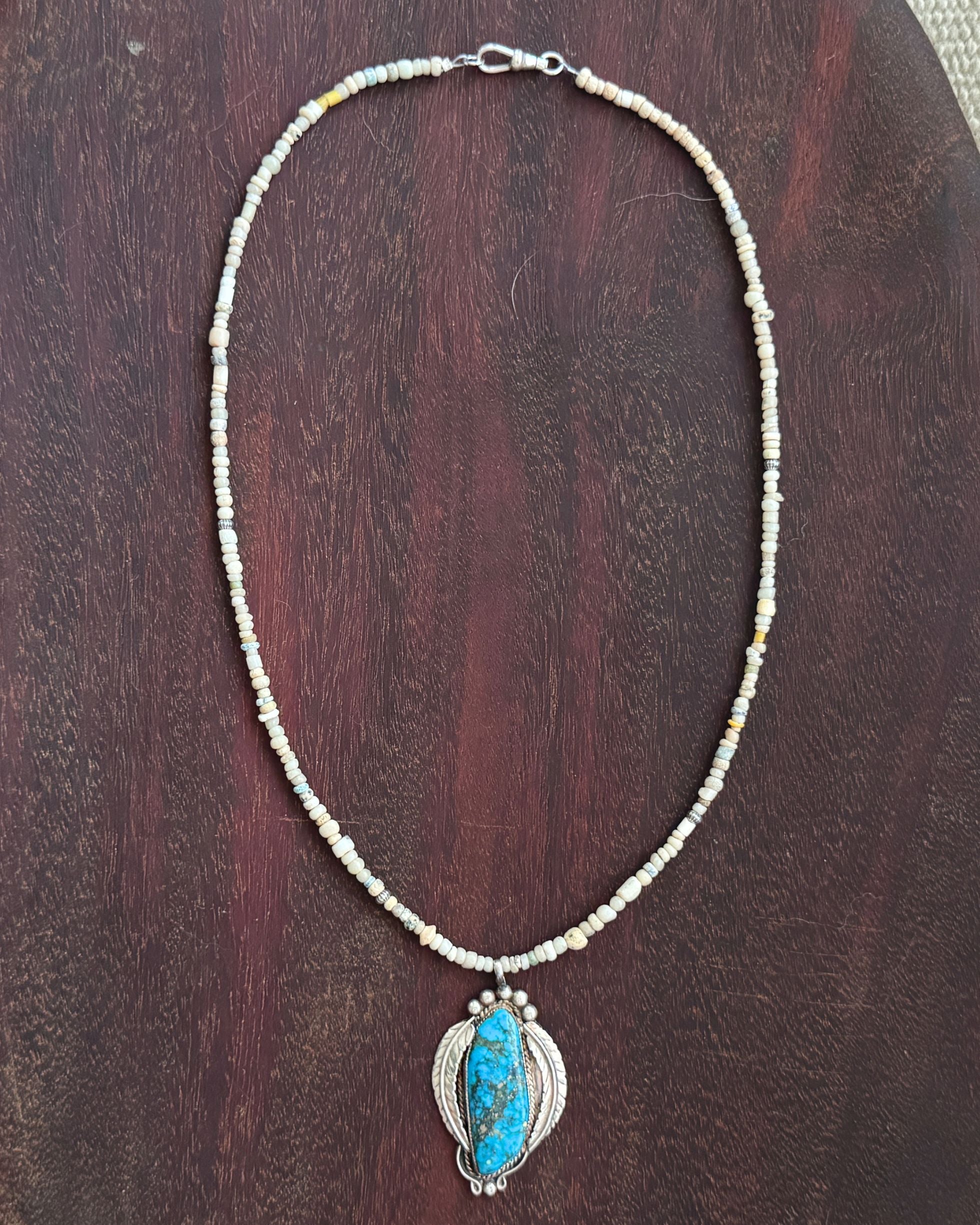 Sterling Silver Southwestern Turquoise Pendant Necklace with Vintage Stone Trade Beads – 23"