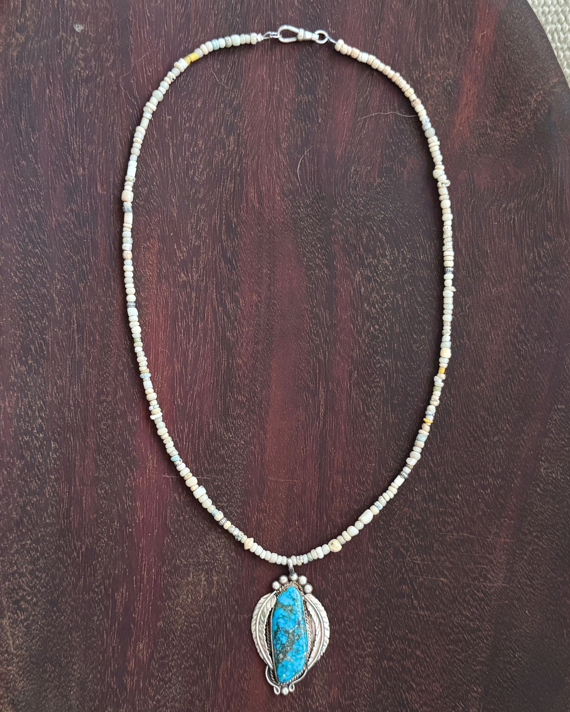 Sterling Silver Southwestern Turquoise Pendant Necklace with Vintage Stone Trade Beads – 23"