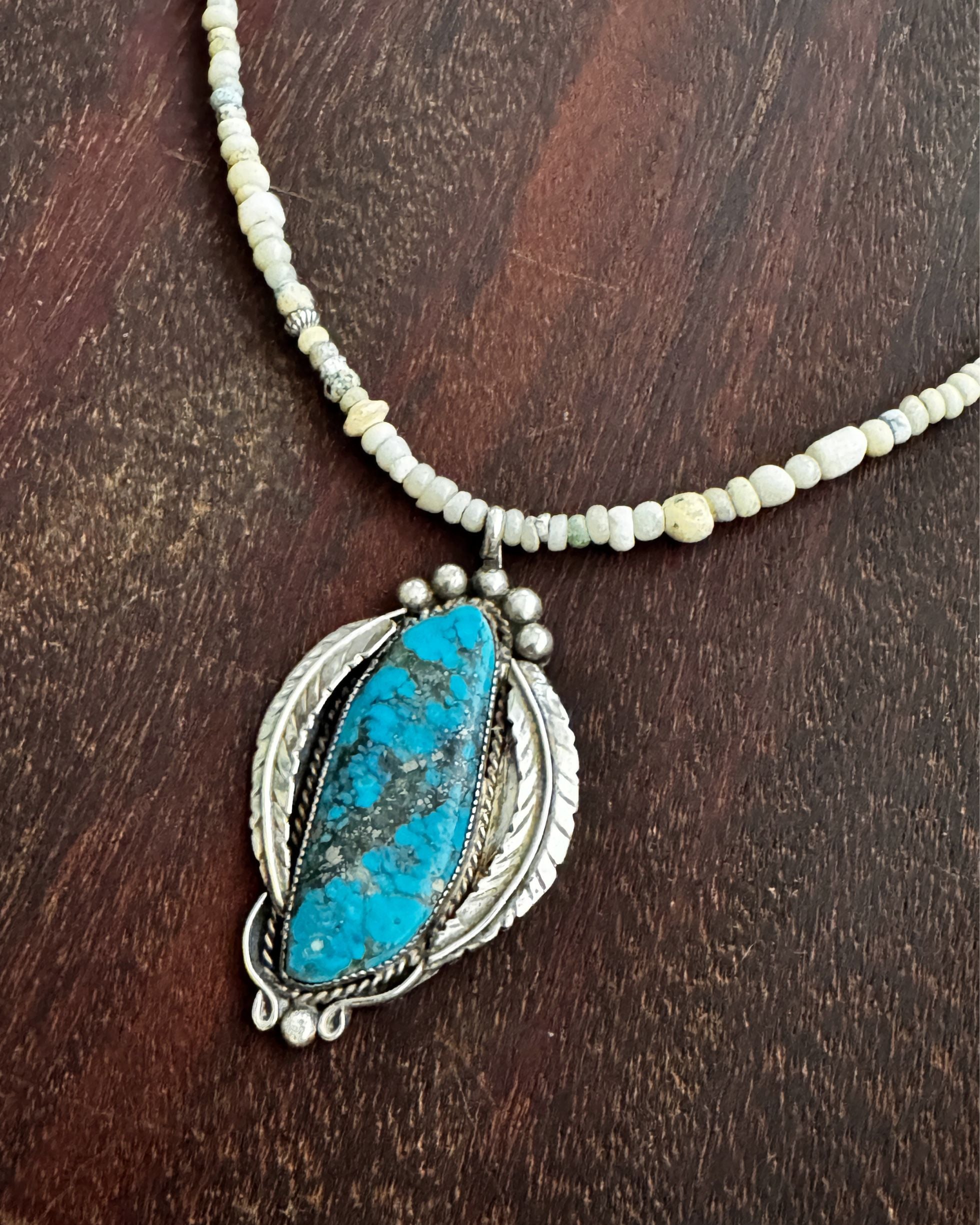 Sterling Silver Southwestern Turquoise Pendant Necklace with Vintage Stone Trade Beads – 23"
