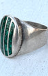 Side view of vintage sterling silver turquoise inlay ring with tapered shank.