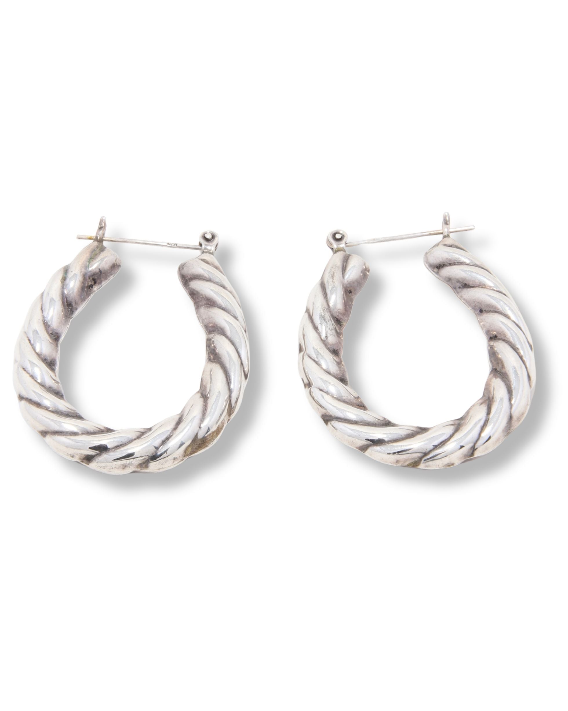 Sterling silver 1980s twist hoop earrings with rope design.