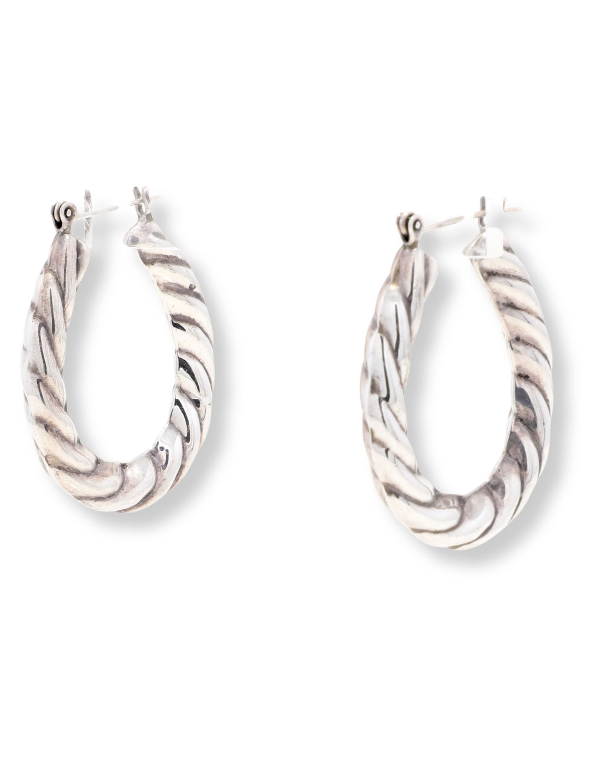 Sterling silver 1980s twist hoop earrings with rope design.