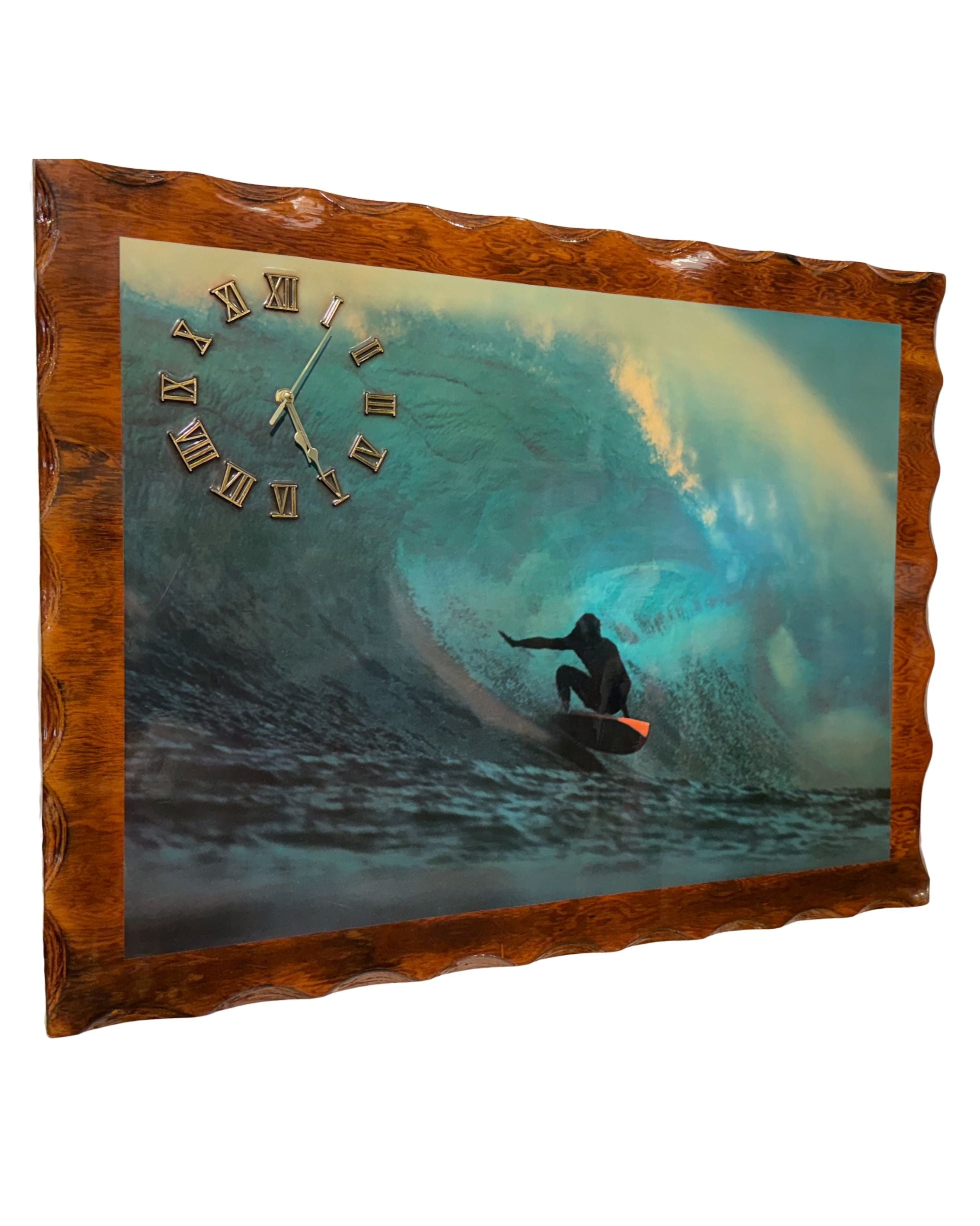 Angled view of 1970s laminated surfer wall clock with sculpted wood frame.