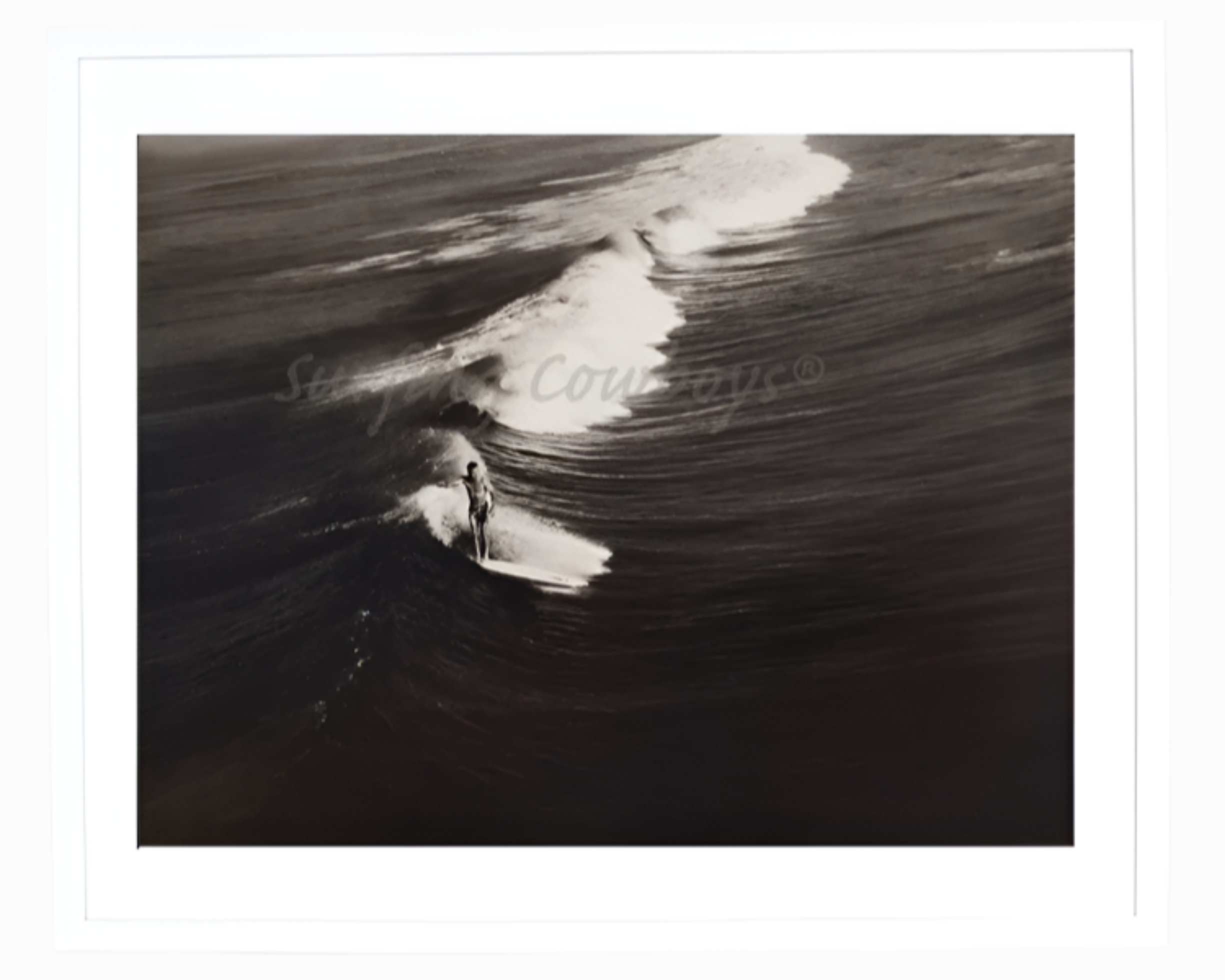 Another full view of the Surfer on Wide Wave Black and White Surf Photograph in White Wood Frame.