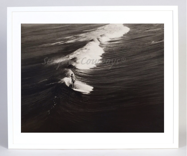 Another full view of the Surfer on Wide Wave Black and White Surf Photograph in White Wood Frame.