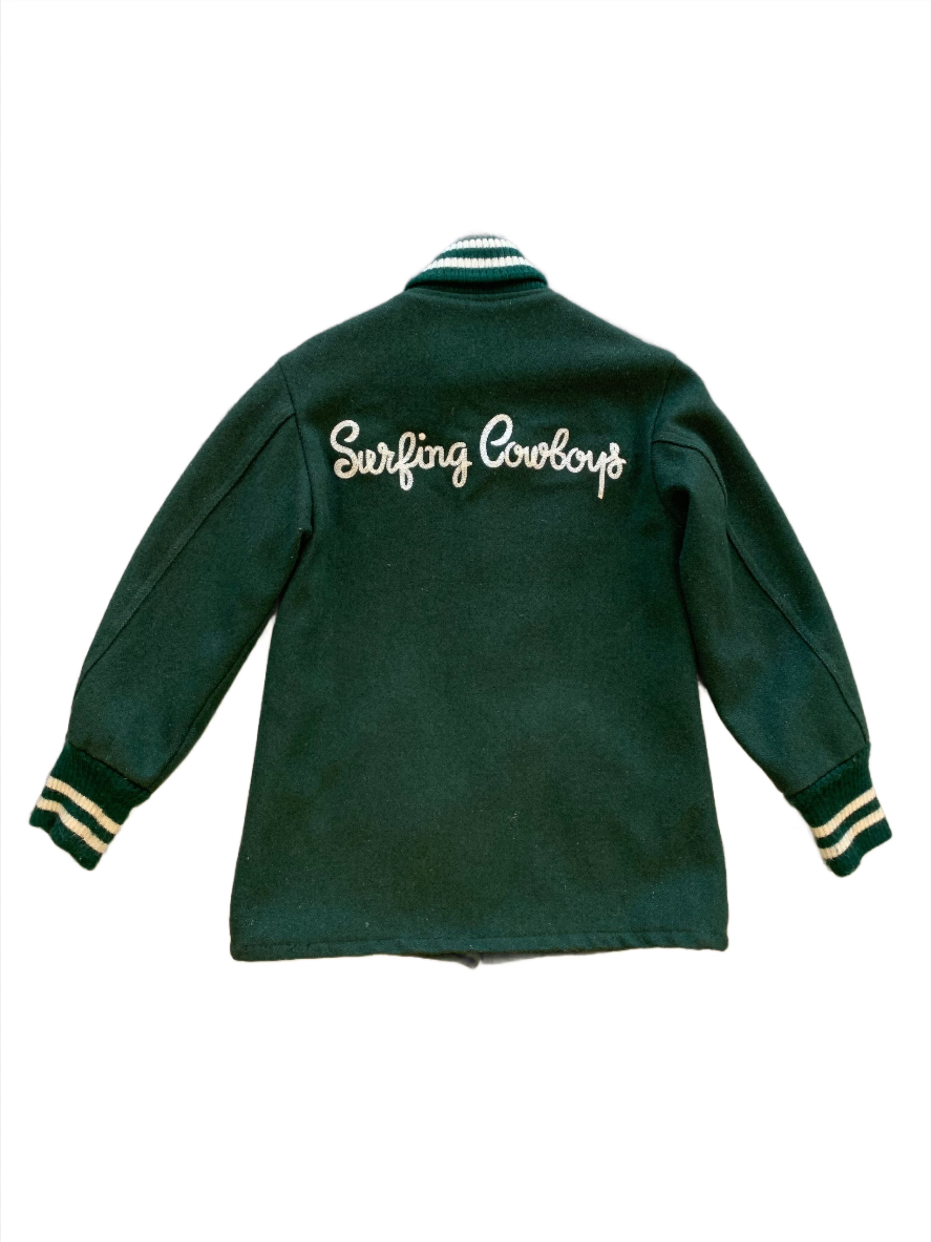 Surfing Cowboys Repurposed Vintage Letterman Jacket Forest Green