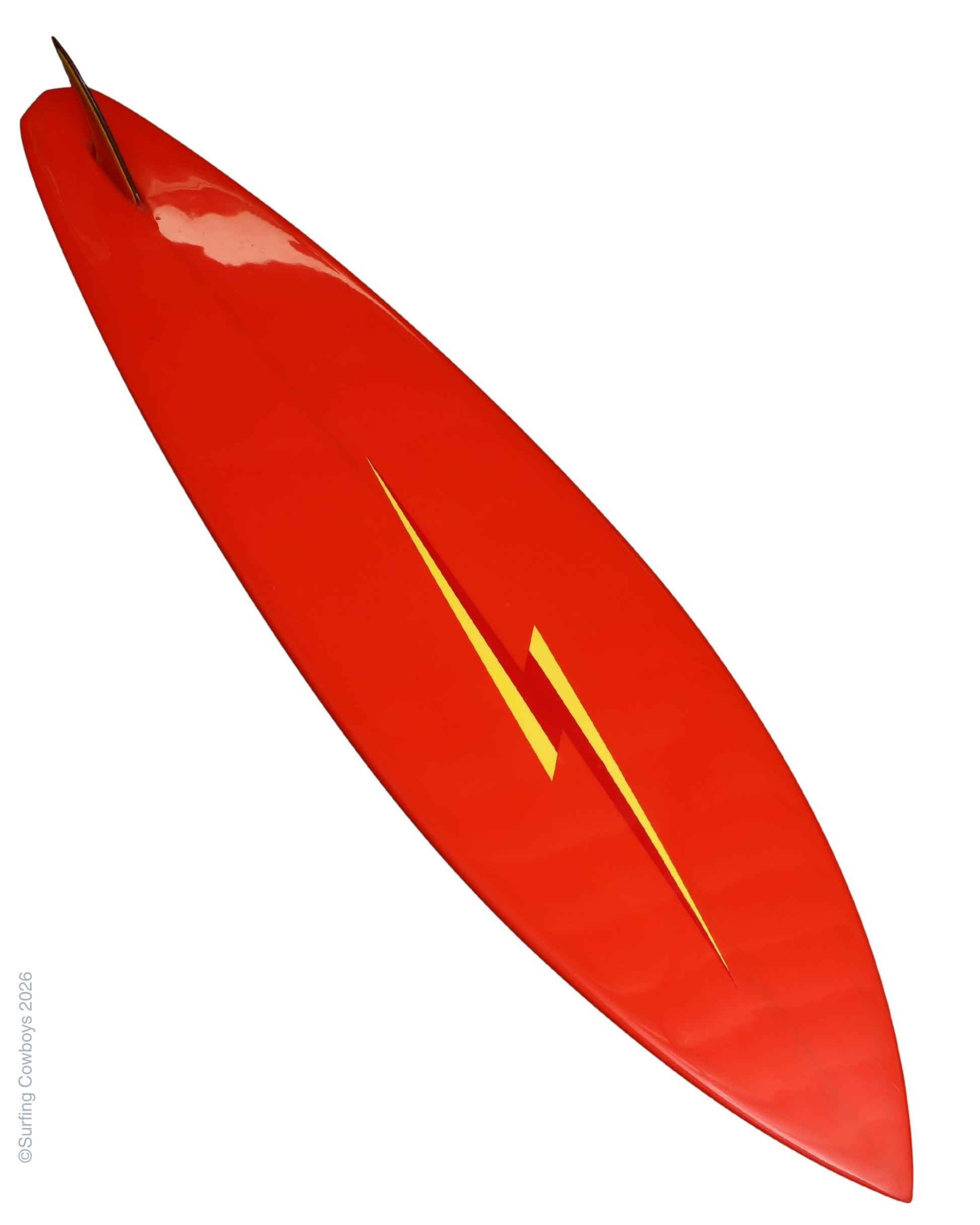 Another angled bottom view of circa 1973 Lightning Bolt surfboard with single fin.