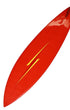 Angled bottom view of circa 1973 Lightning Bolt surfboard with single fin.