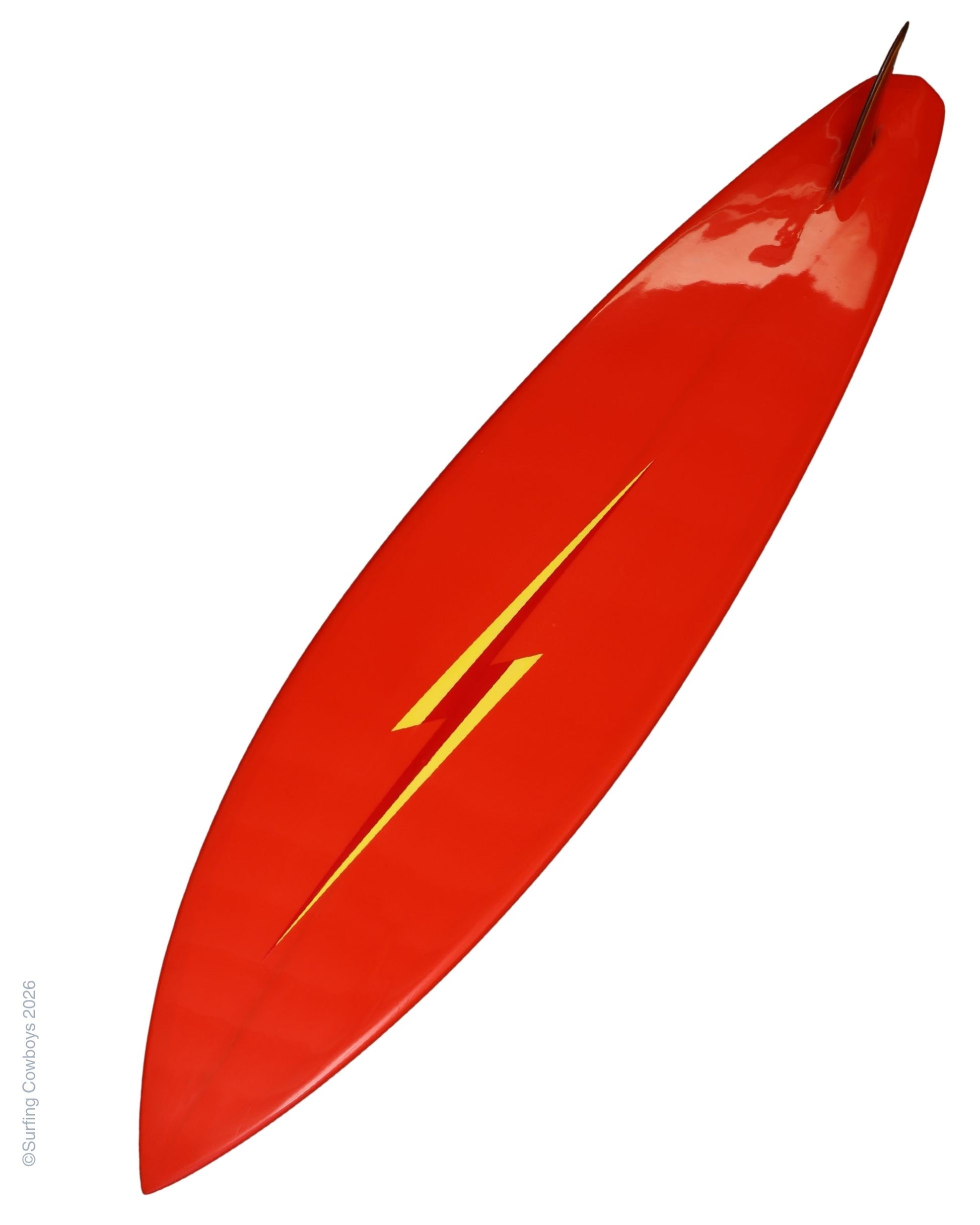 Angled bottom view of circa 1973 Lightning Bolt surfboard with single fin.