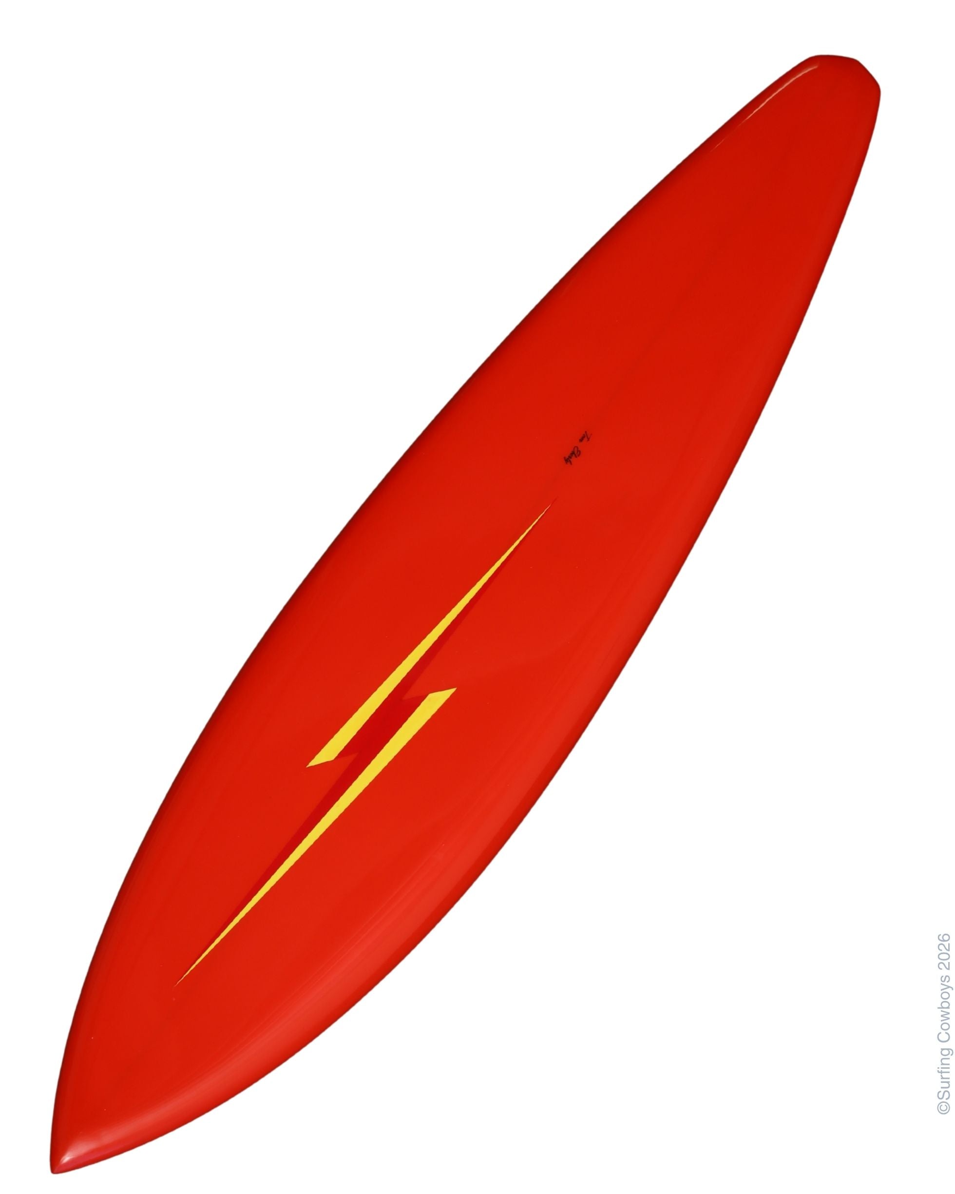 Vintage circa 1973 red Lightning Bolt single-fin surfboard shaped by Tom Eberly and restored by Randy Rarick.