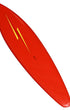 Full-length view of restored red Lightning Bolt surfboard shaped by Tom Eberly.