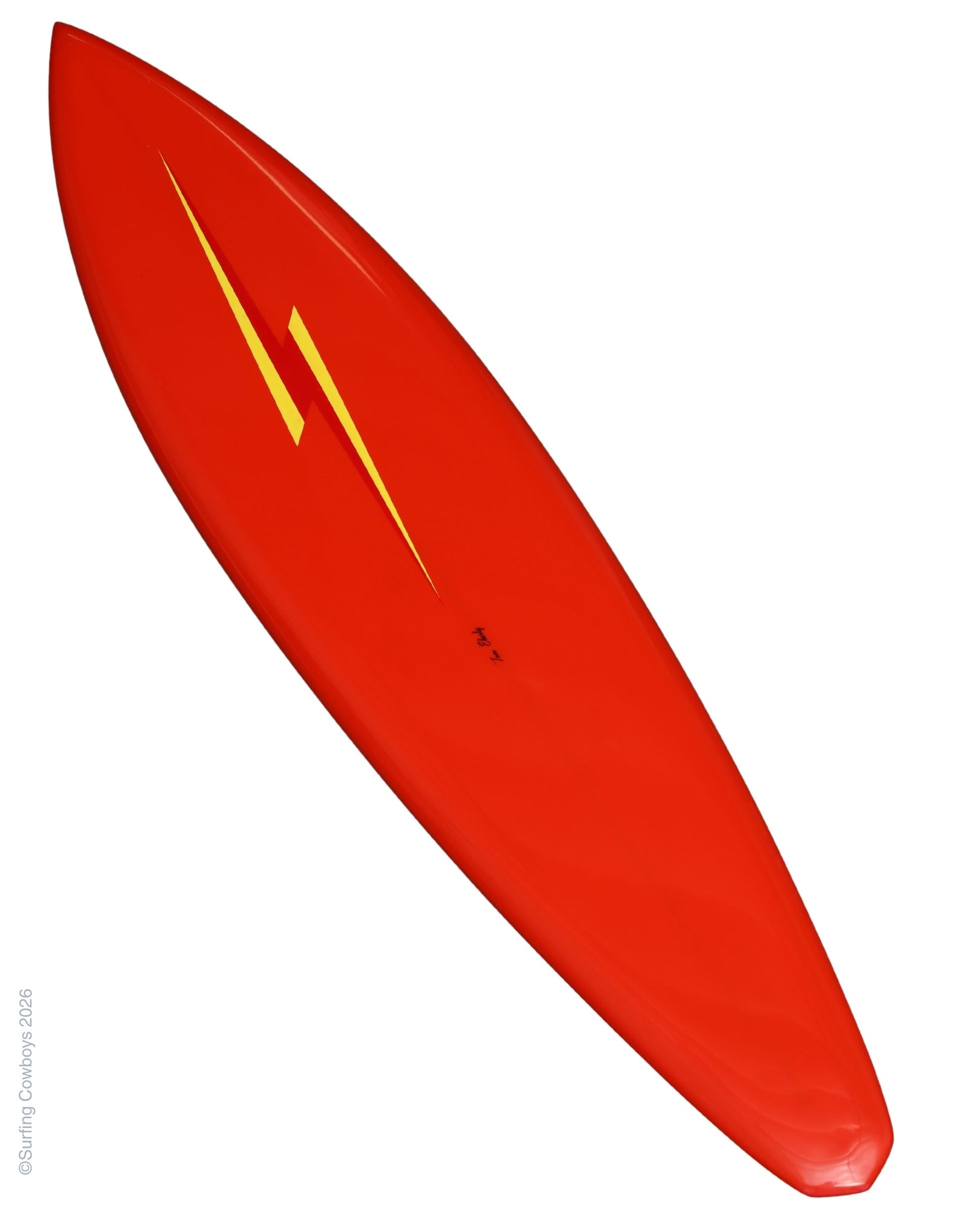 Full-length view of restored red Lightning Bolt surfboard shaped by Tom Eberly.