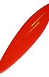 Angled Full-length view of restored red Lightning Bolt surfboard shaped by Tom Eberly.
