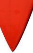 Nose detail on restored red vintage Lightning Bolt surfboard.