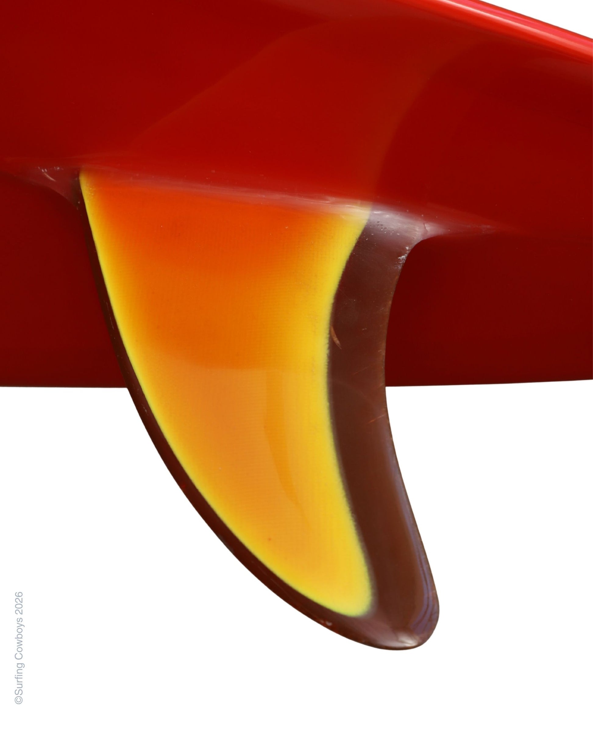 Original Dick Brewer fin on restored circa 1973 Lightning Bolt surfboard.