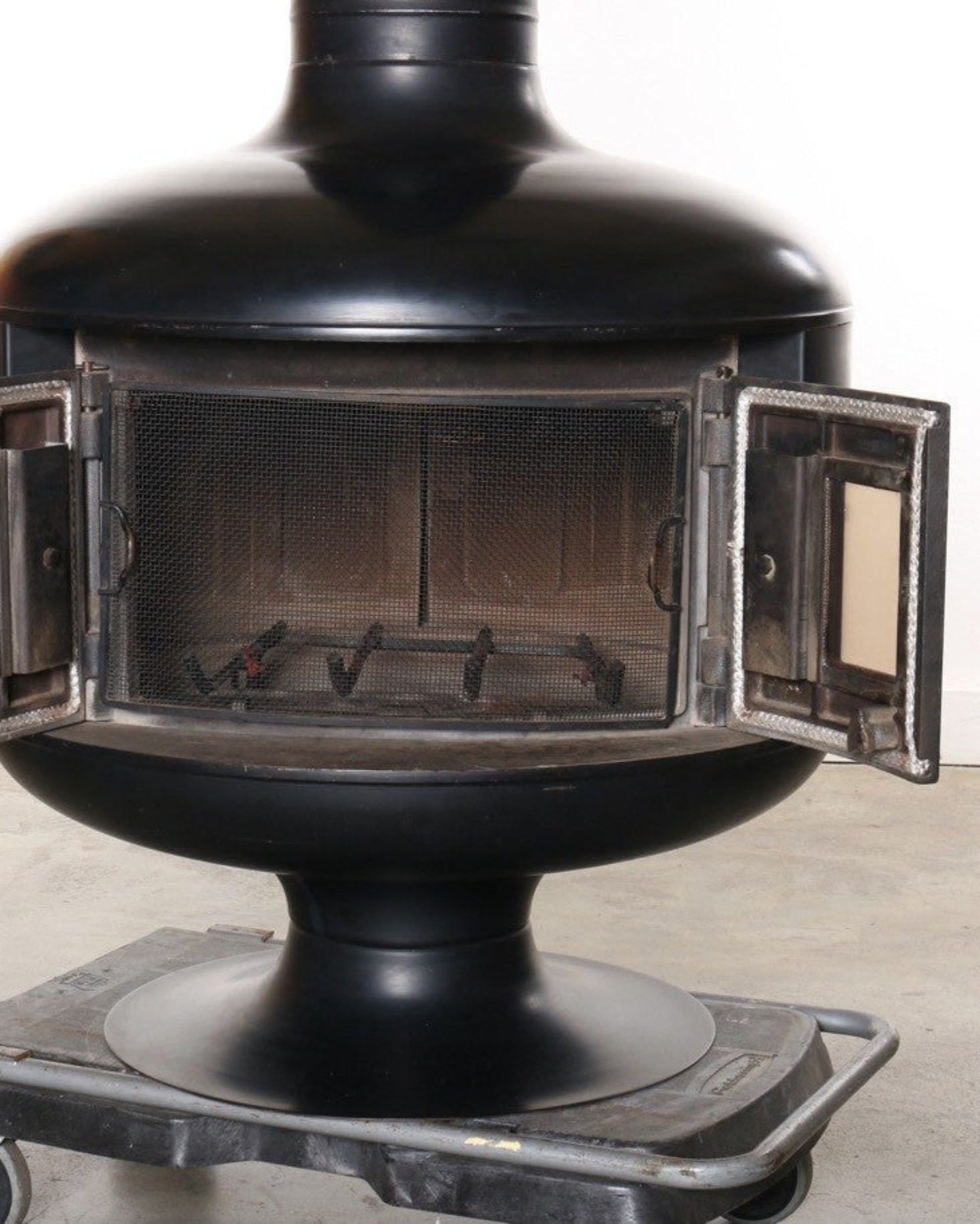 Freestanding Mid-Century Fireplace with Doors, Black