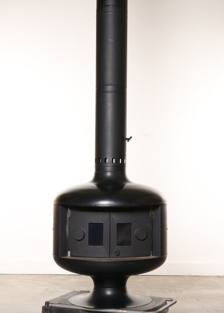 Freestanding Mid-Century Fireplace with Doors, Black