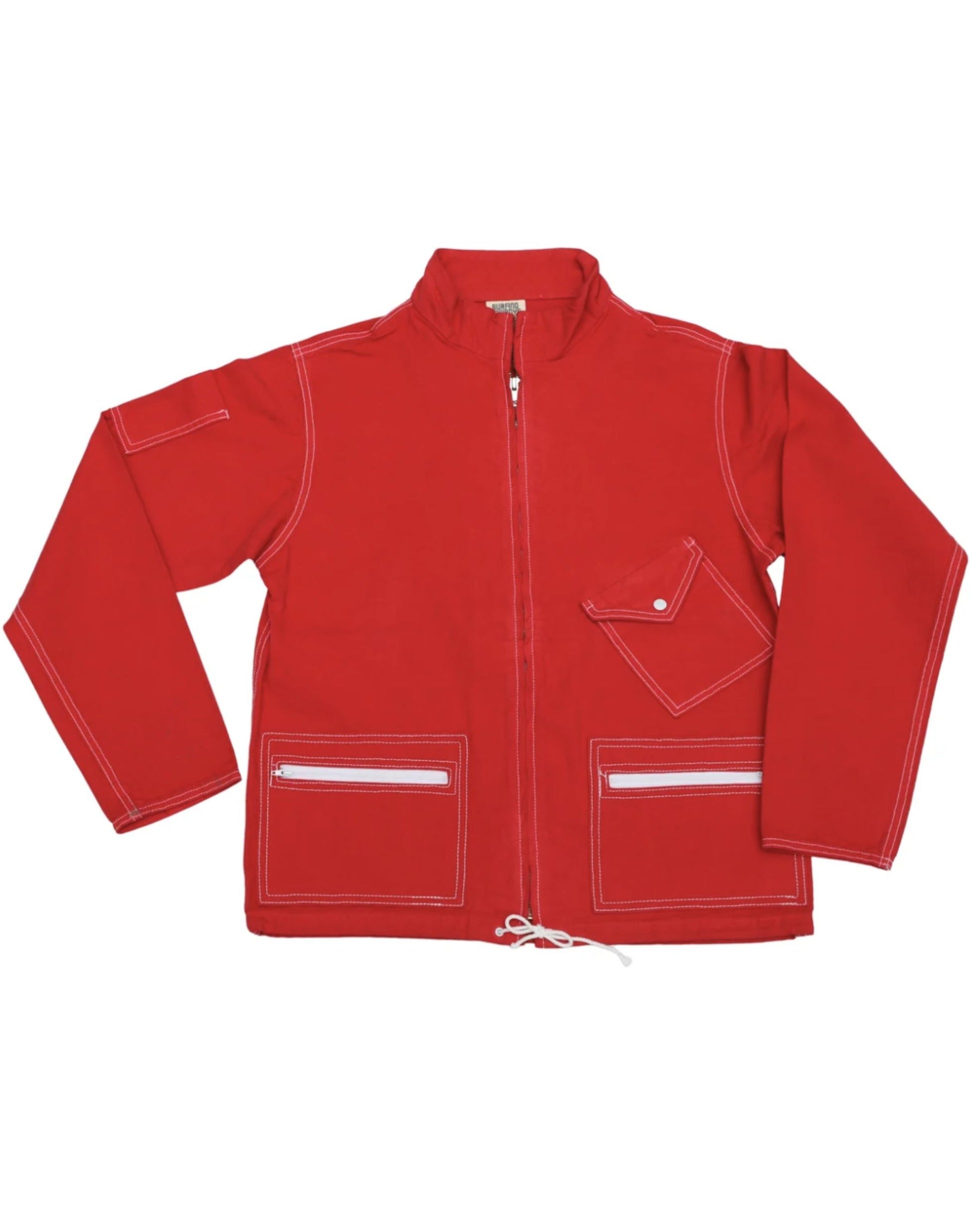 Surfing Cowboys Classic Surf Jacket – Washed Red Cotton Canvas Front.