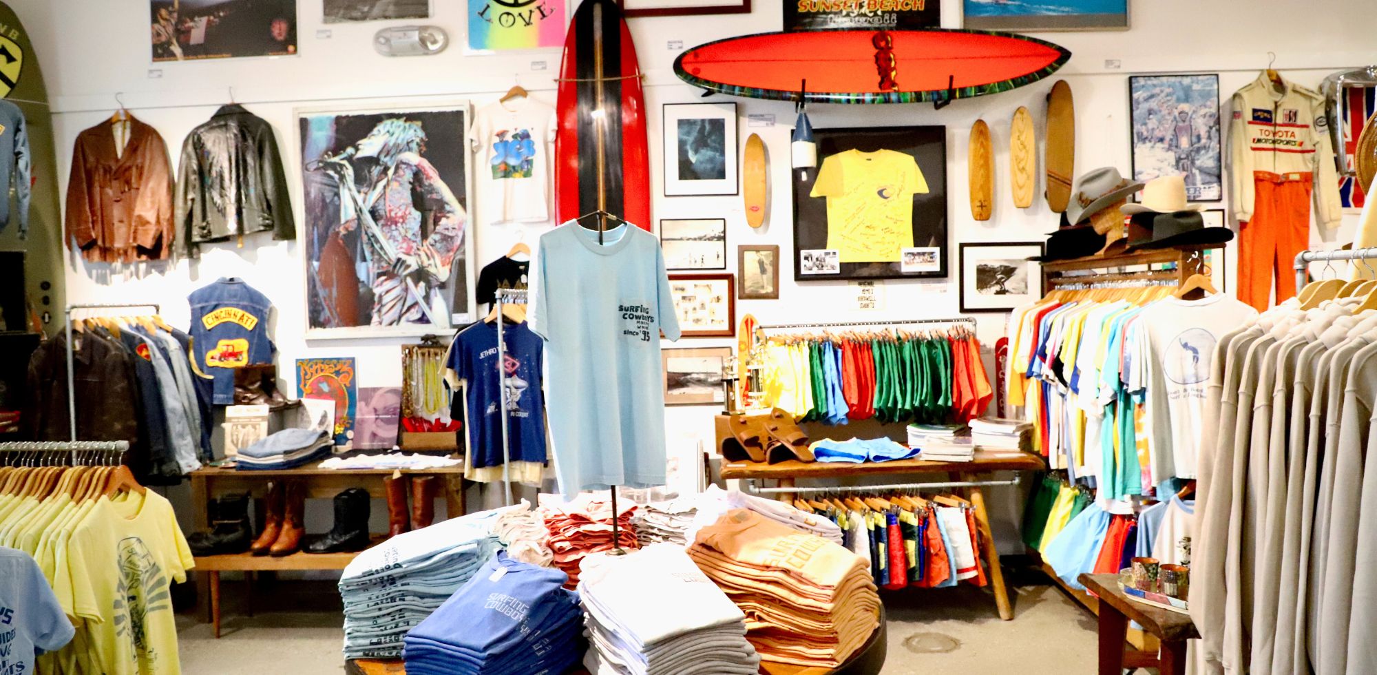 Interior of Surfing Cowboys store with various garments on display