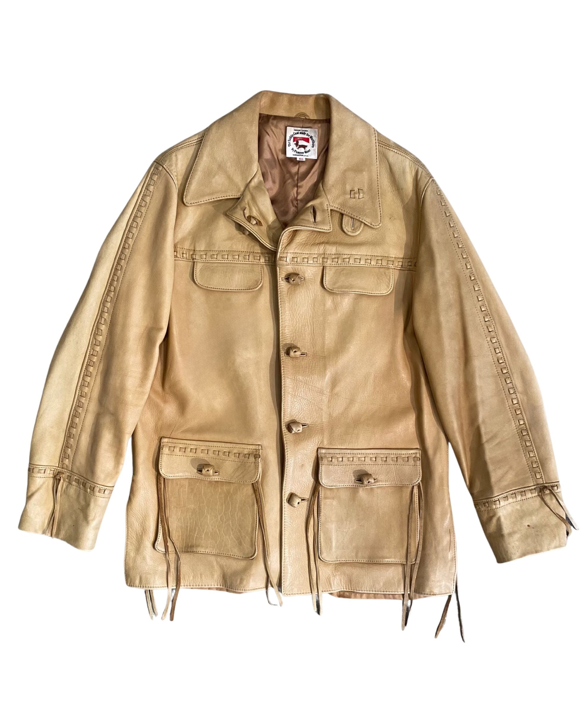 Front view of 1970s Pioneer Wear tan leather jacket for Marlboro.