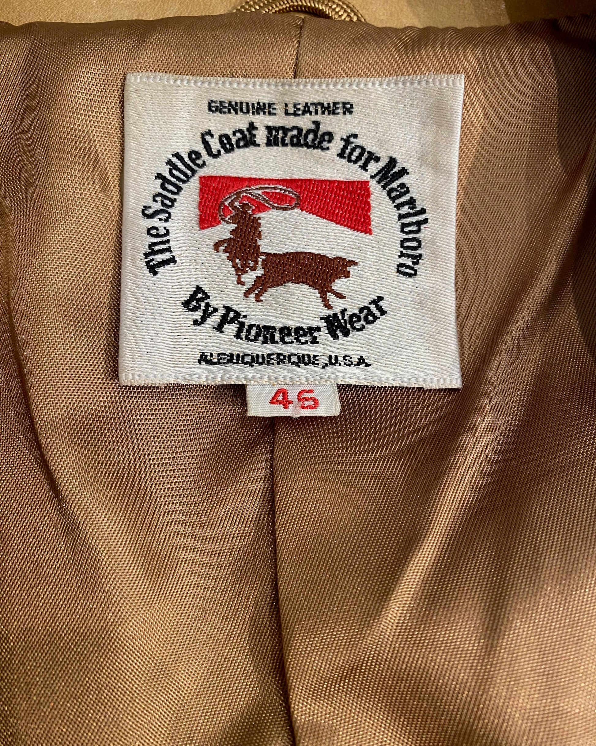 Interior Label view of tan leather Marlboro jacket by Pioneer Wear Label.