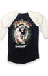 Black and white baseball shirt with a graphic of a person and 'Ted Nugent' text on a white background