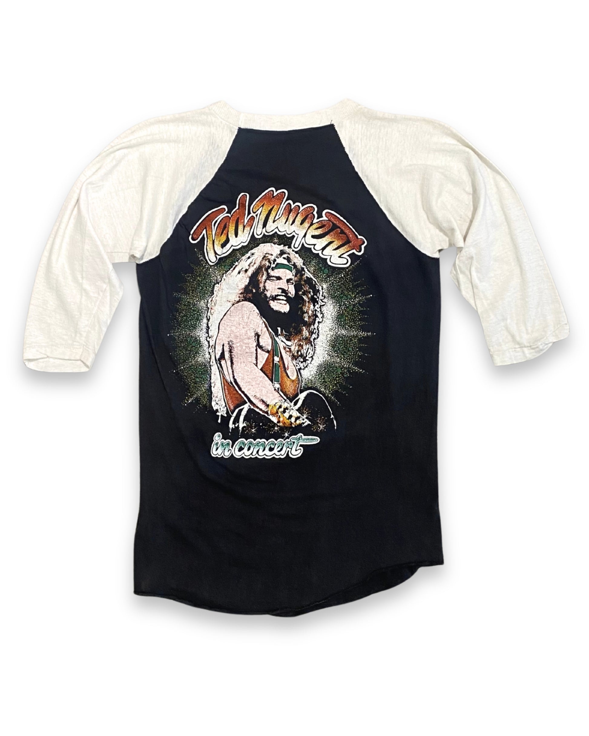 Black and white baseball shirt with a graphic of a person and 'Ted Nugent' text on a white background