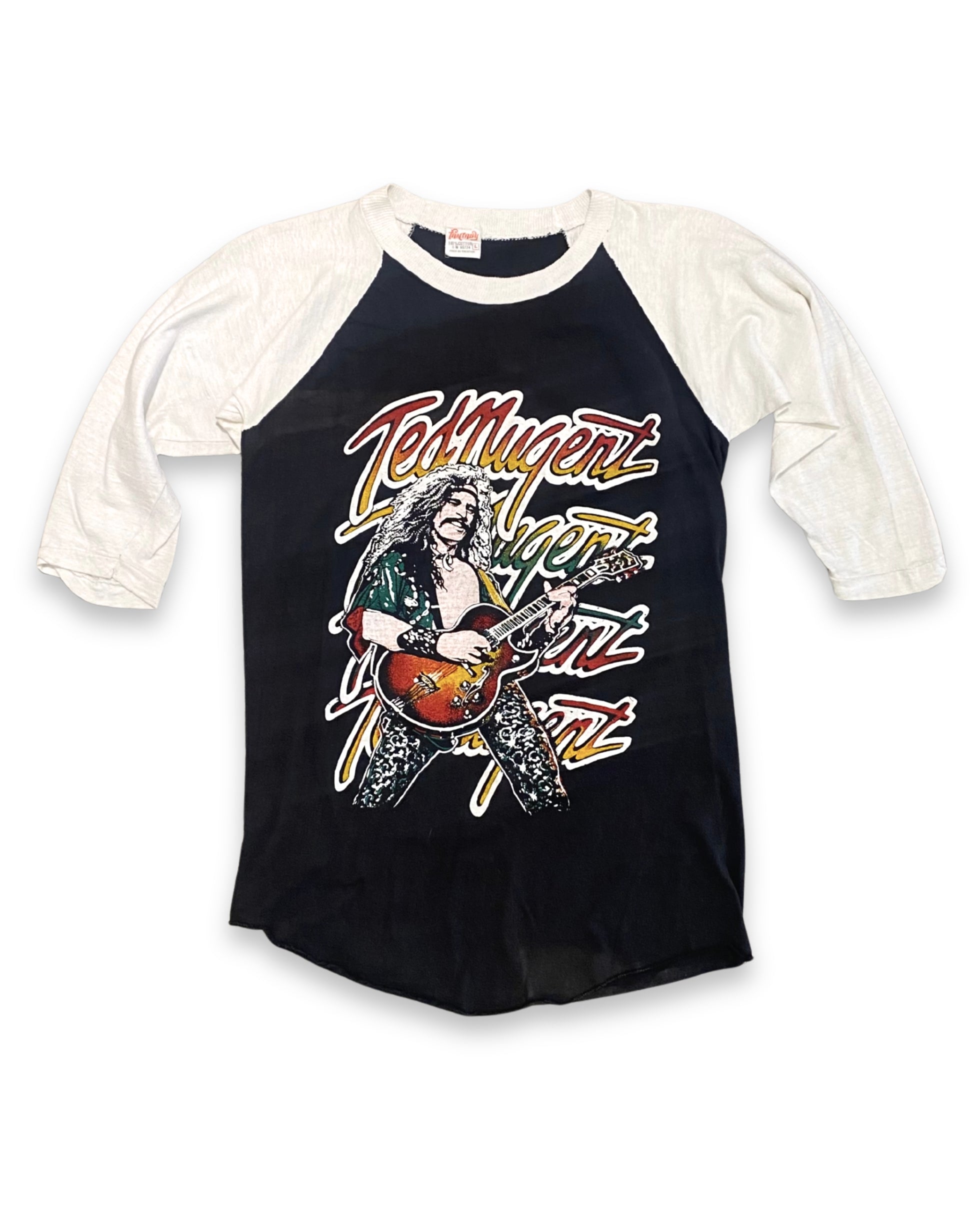 Black and white baseball shirt with Ted Nugent graphic design on a white background