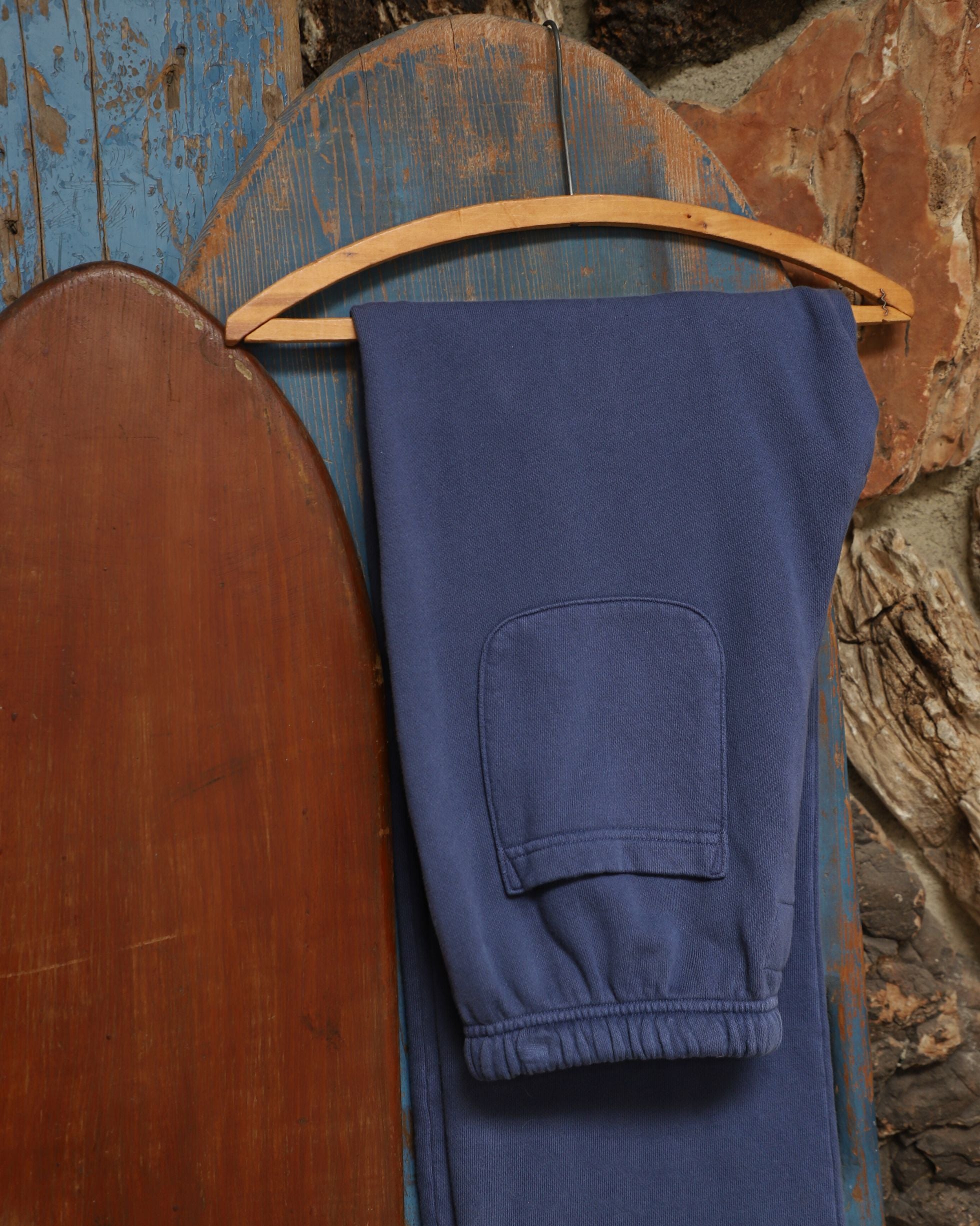 Close-up of pocket and waistband on Surfing Cowboys Weekender Pants in washed navy.