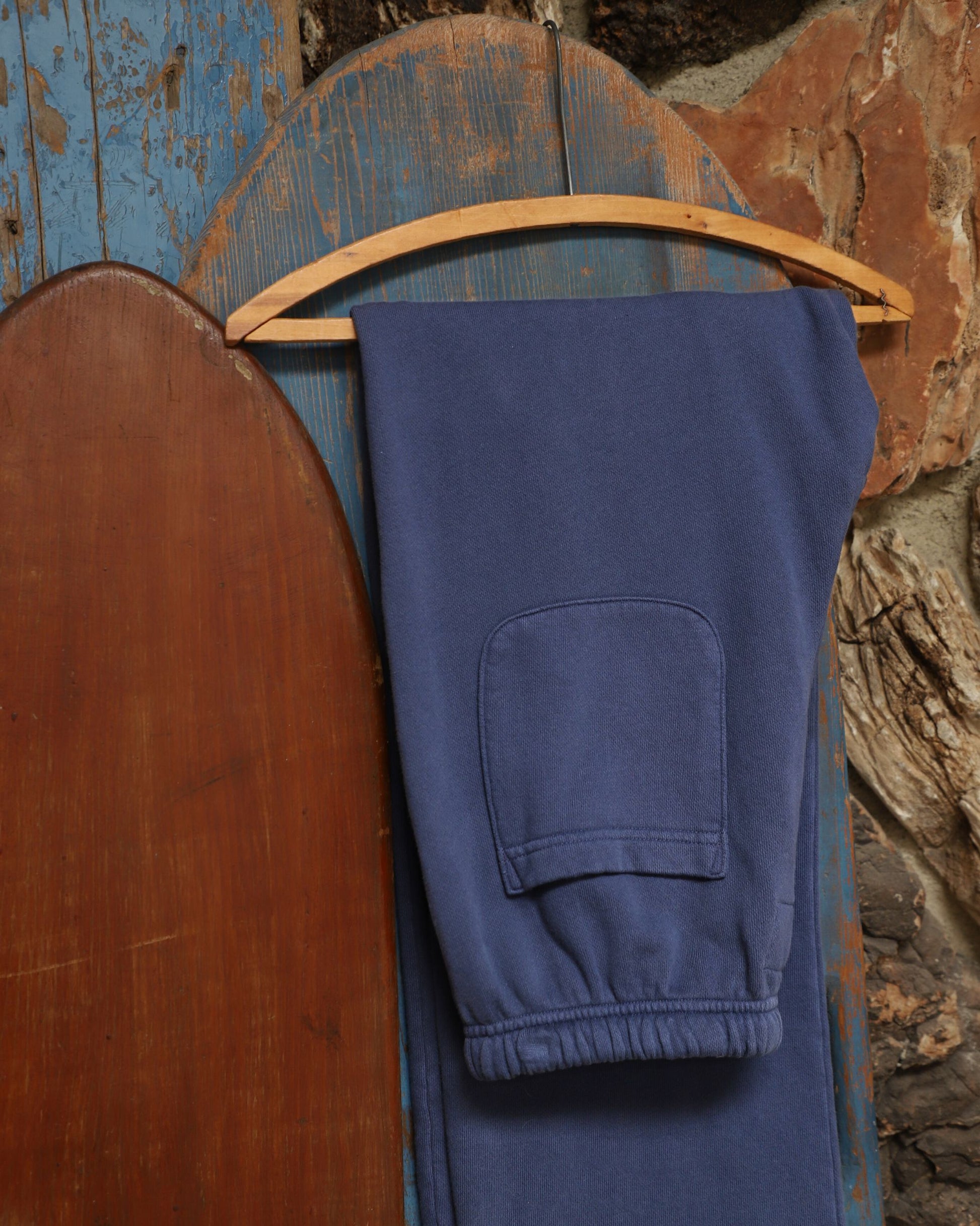 Close-up of pocket and waistband on Surfing Cowboys Weekender Pants in washed navy.