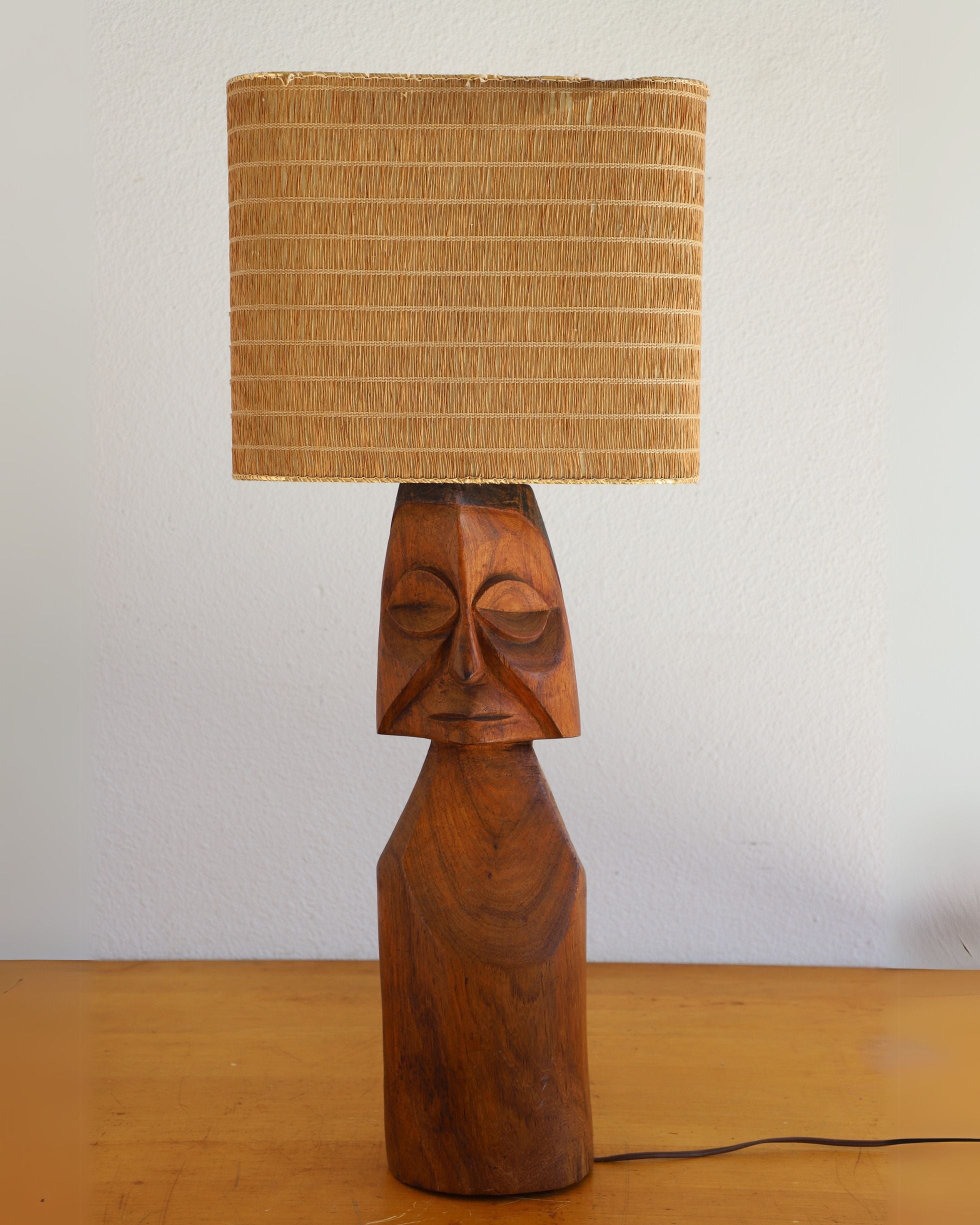 Mid-Century Tiki Carved Wooden Lamp with Woven Shade