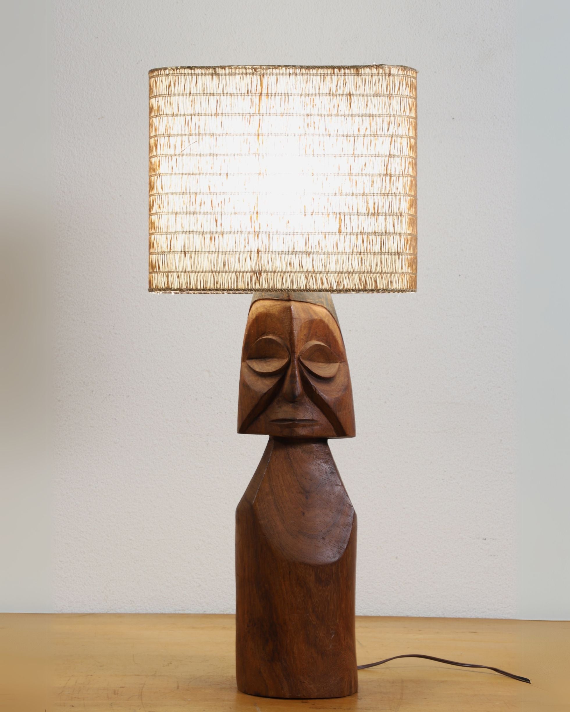 Mid-Century Tiki Carved Wooden Lamp with Woven Shade