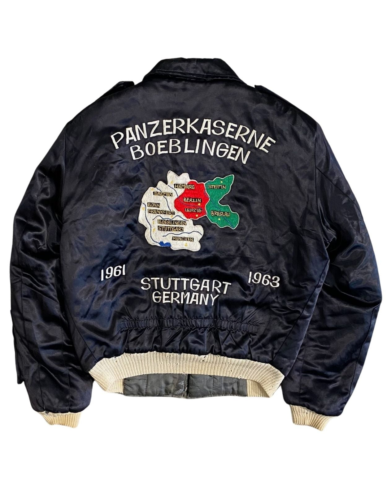 Back of 1962 tour jacket with chainstitched map of Germany and Stuttgart lettering.