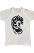 Front of 1970s Tracker Trials Sydney surf T-shirt with black wave and surfer graphic.
