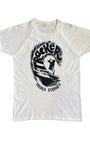 Front of 1970s Tracker Trials Sydney surf T-shirt with black wave and surfer graphic.
