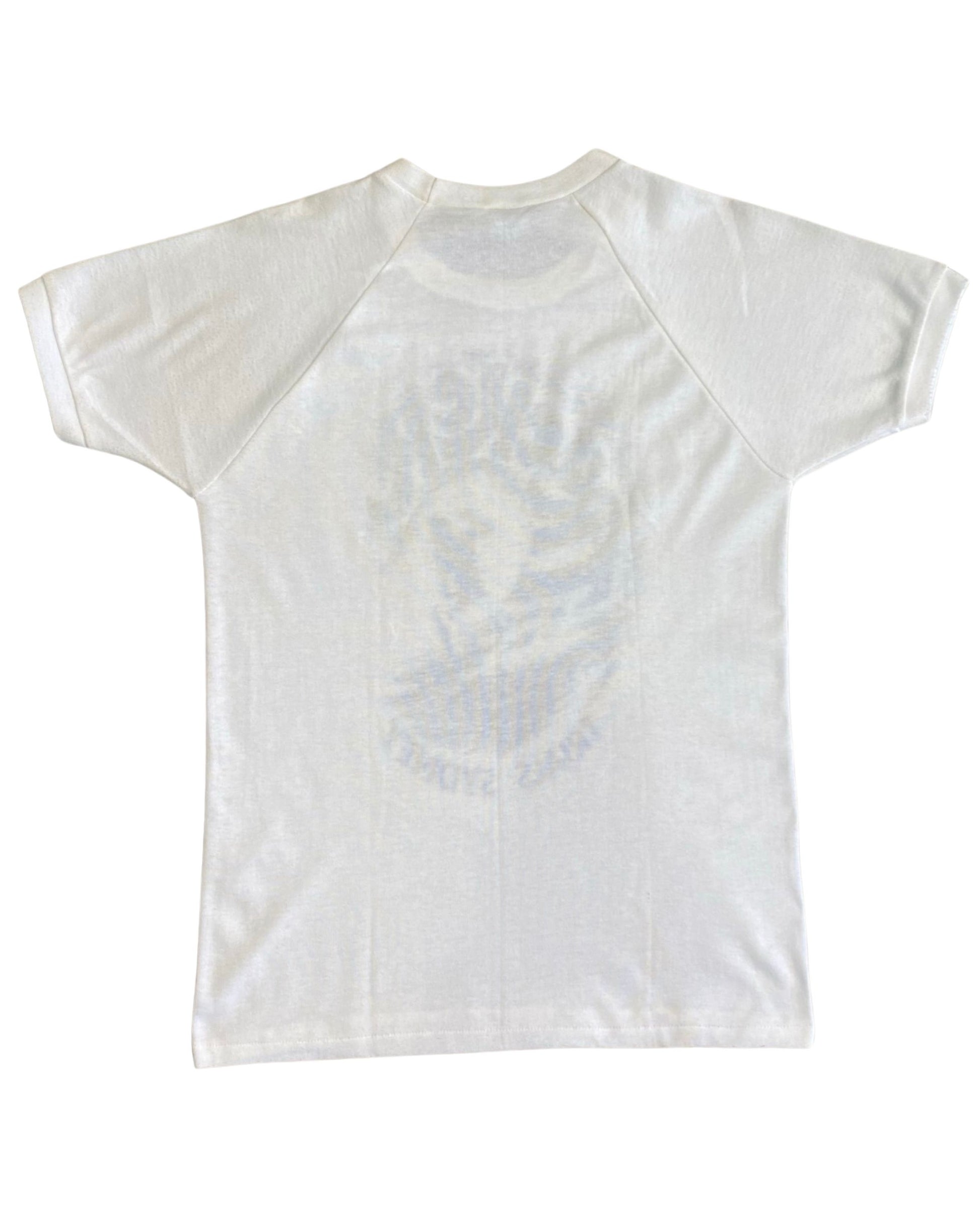 Back of 1970s Tracker Trials Sydney T-shirt showing plain white back.
