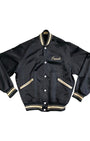 Vintage 1940s black satin Pearl Harbor apprentice jacket with silk screened back and “Frank” on front. Made in Honolulu, Hawaii. Front of Jacket.