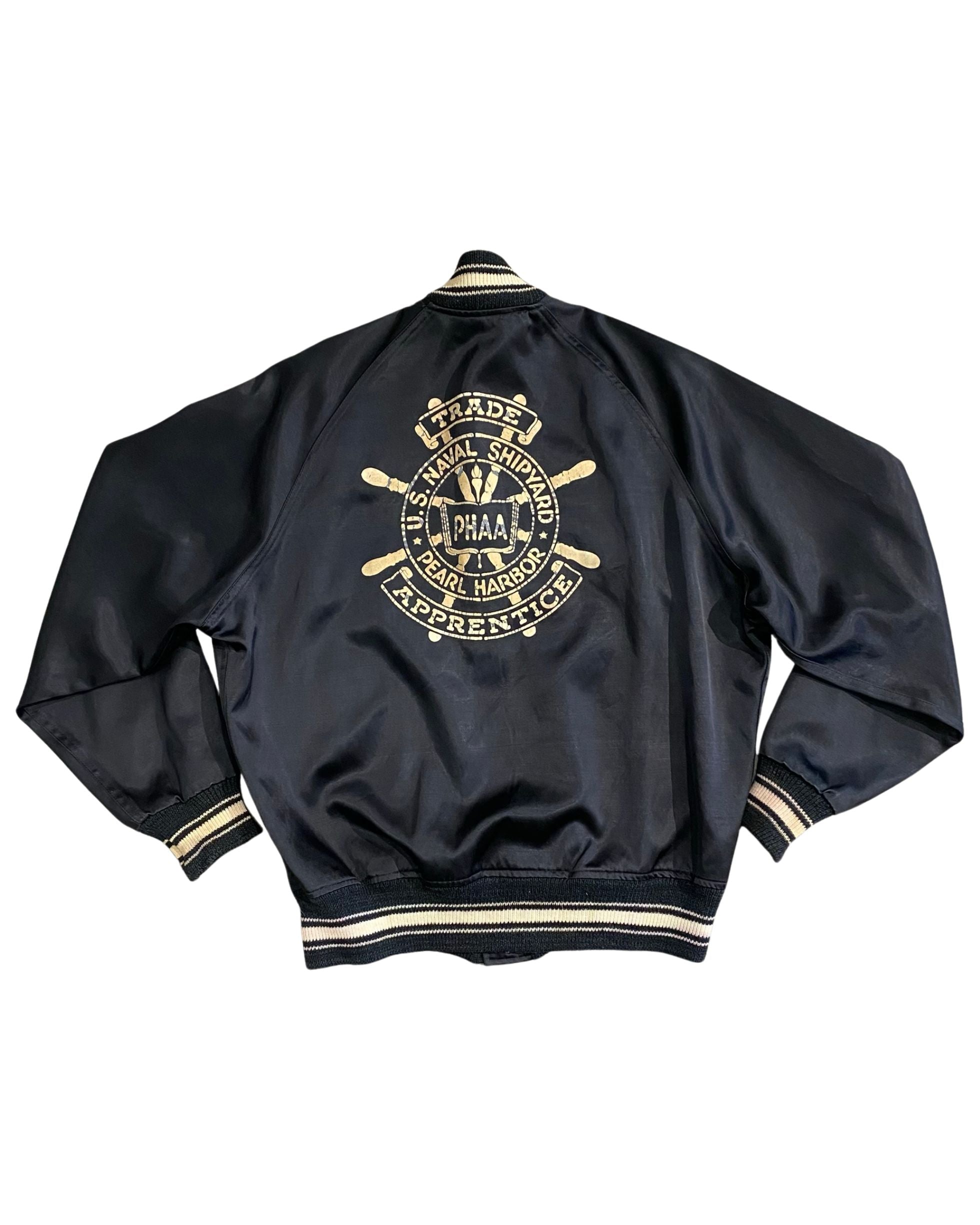 Vintage 1940s black satin Pearl Harbor apprentice jacket with silk screened back and “Frank” on front. Made in Honolulu, Hawaii. Back of Jacket.
