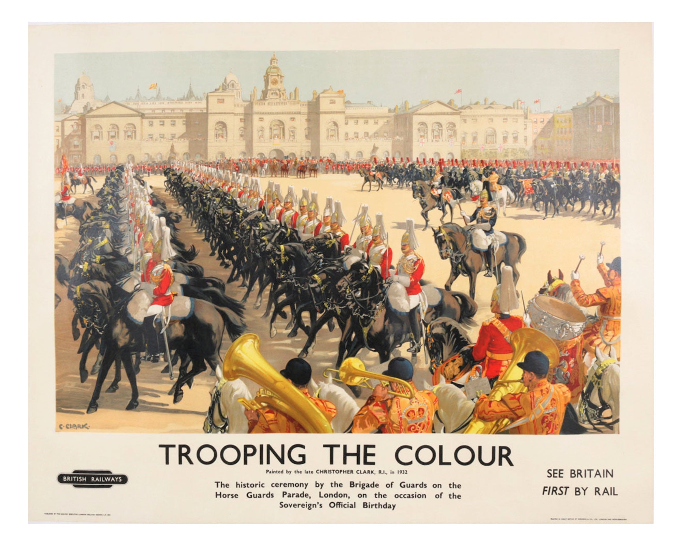 Trooping the Colour Vintage British Railway Poster by Christopher Clark, Circa 1932 Full View