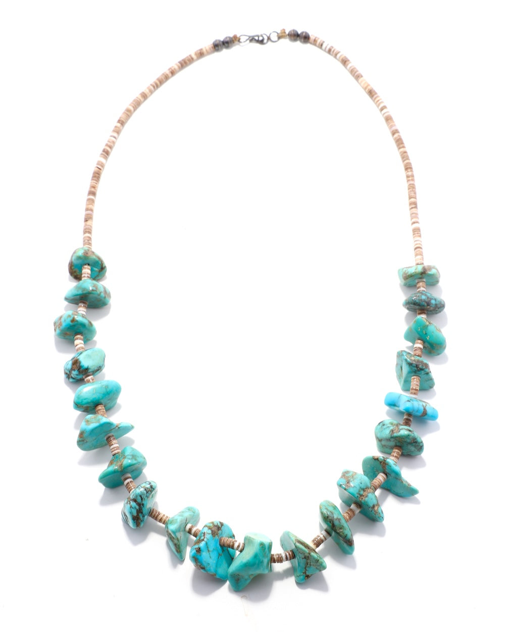 Turquoise Nugget and Heshi Bead Necklace 1950s on white background.