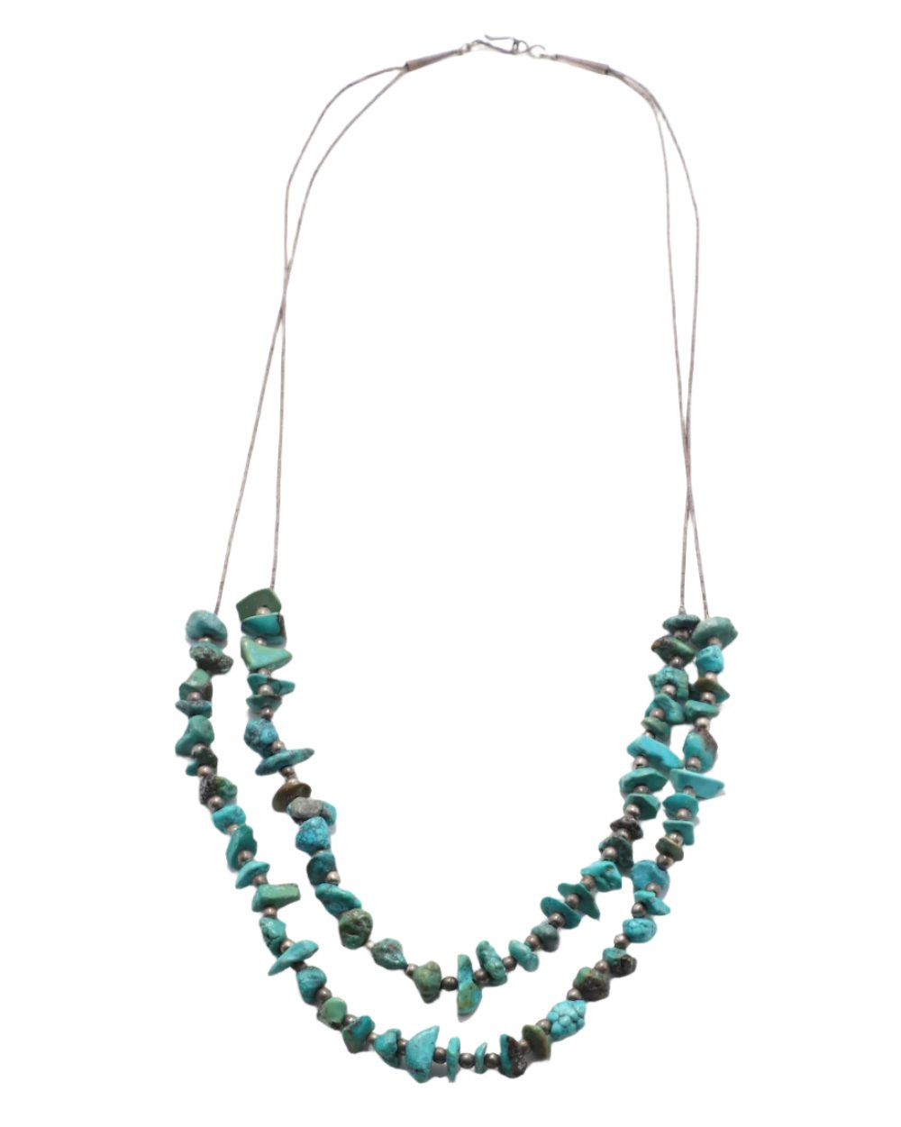 Turquoise Nugget, Sterling Beads and Silver Heishi Two-Strand Necklace on white background. 