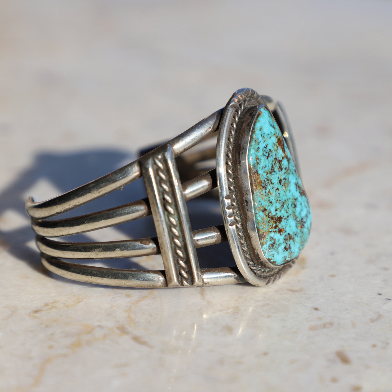 Old Pawn Sterling Silver with Large Turquoise  Bracelet Cuff USA