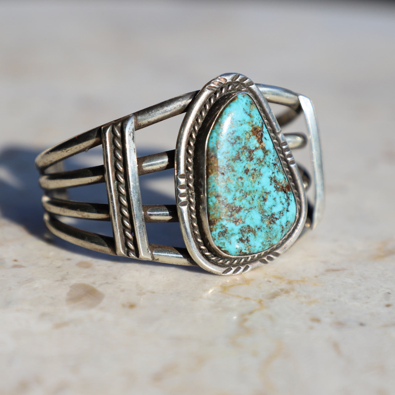 Old Pawn Sterling Silver with Large Turquoise  Bracelet Cuff USA