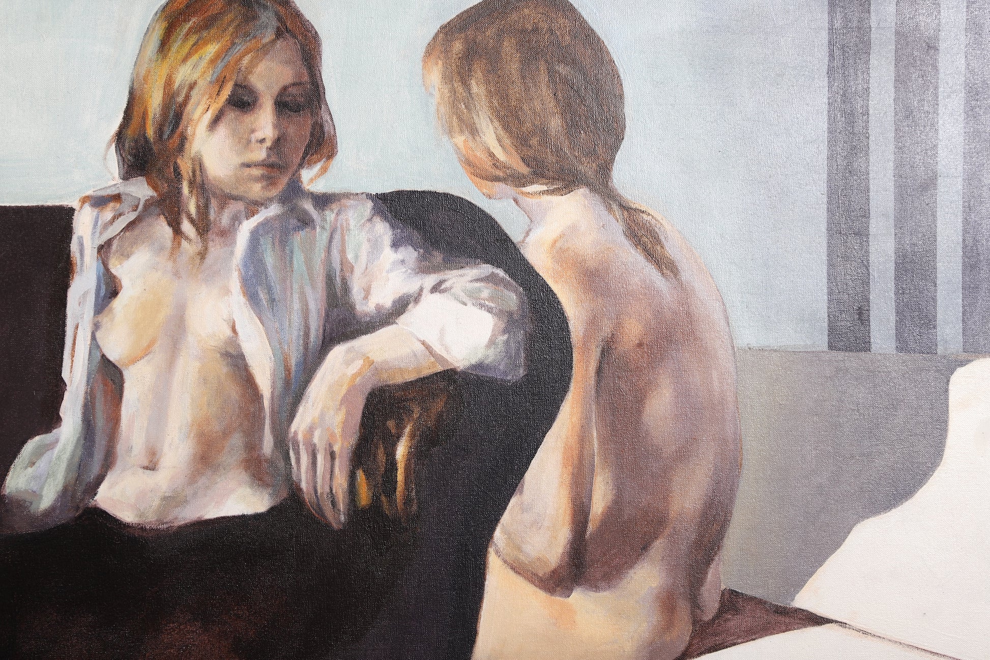 Original 1980s Graham Isom Figurative Painting – Two Young Women 40.5" x 33.5"