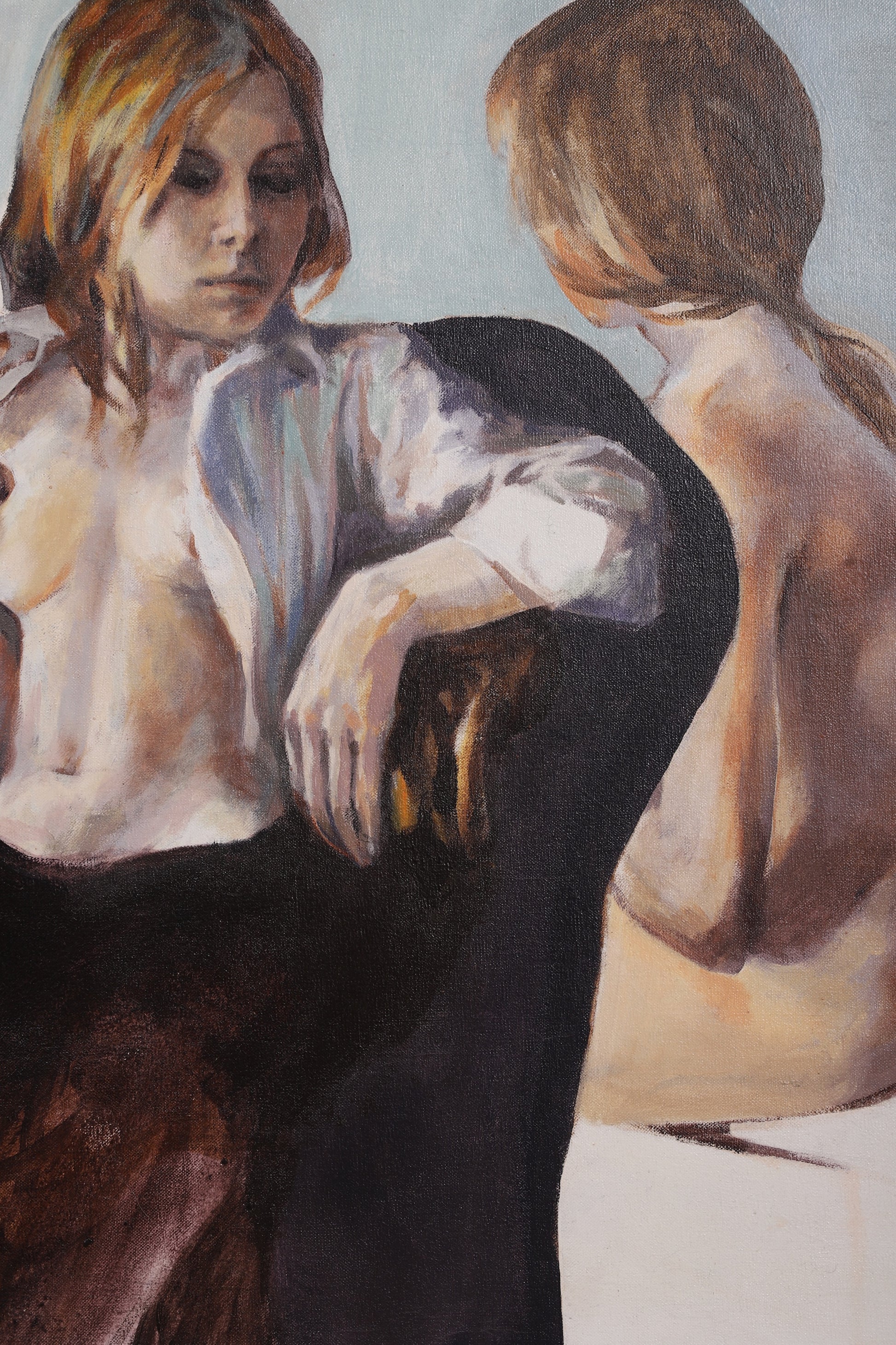 Two Young Women, Painting by Graham Isom close in on  2 figures