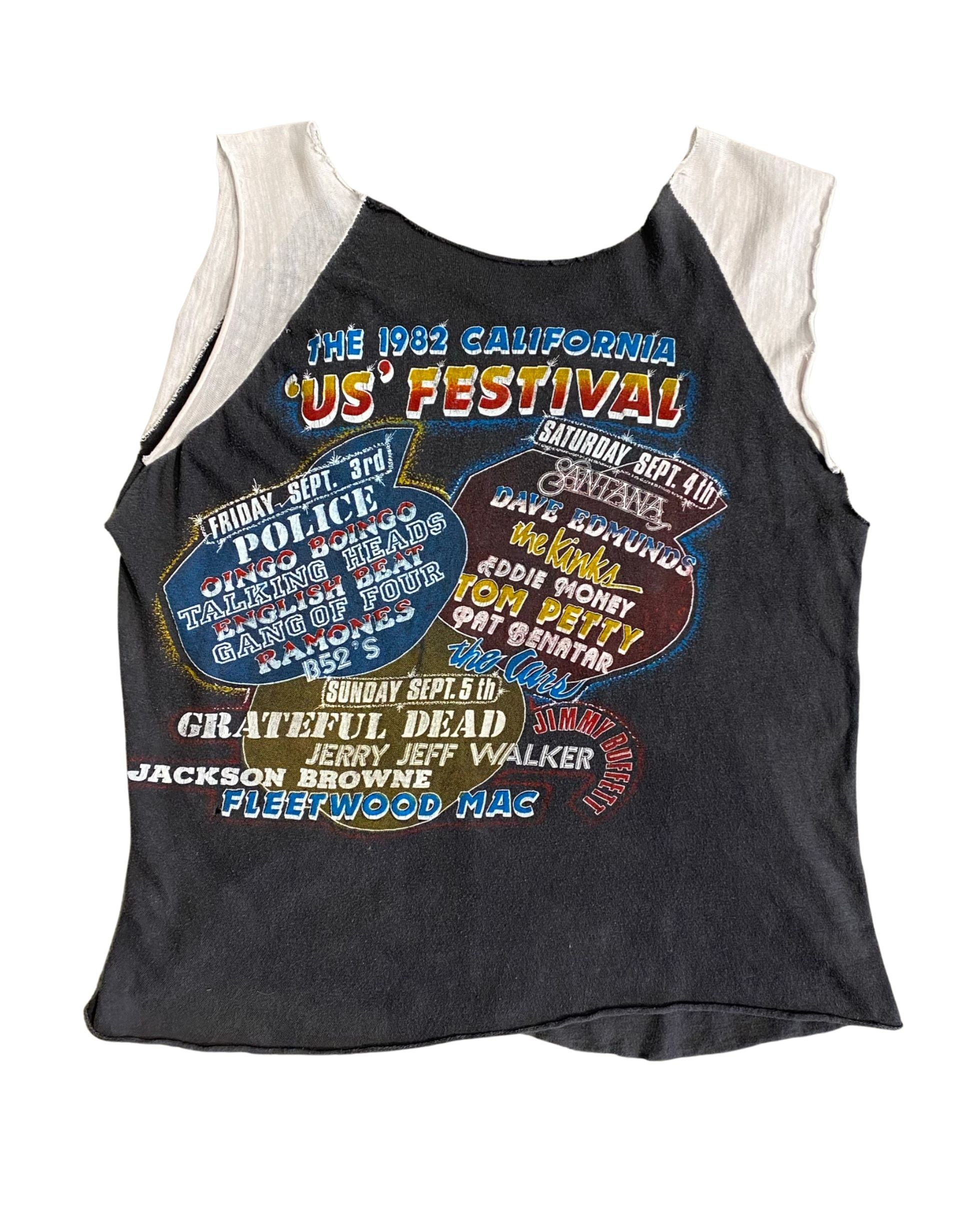 Back view of vintage 1982 US Festival tee listing full band lineup including The Police and Fleetwood Mac.