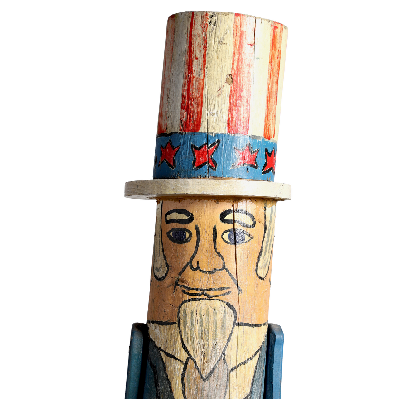 The upclose view of the head of the Uncle Sam Barbershop Pole Art Sculpture, c. 1960s.