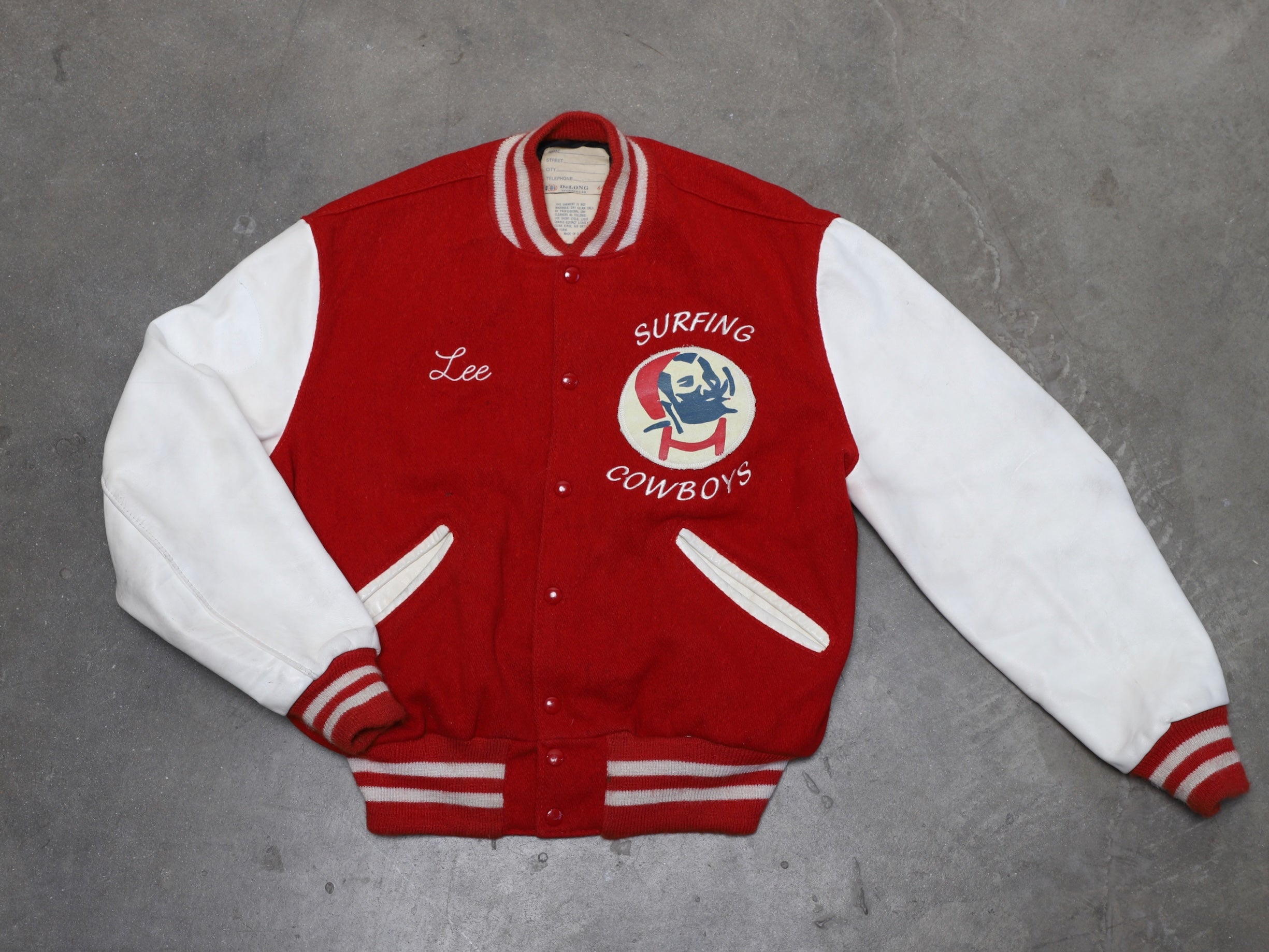 Upcycled Surfing Cowboys Lee Letterman Jacket M Red w Cream