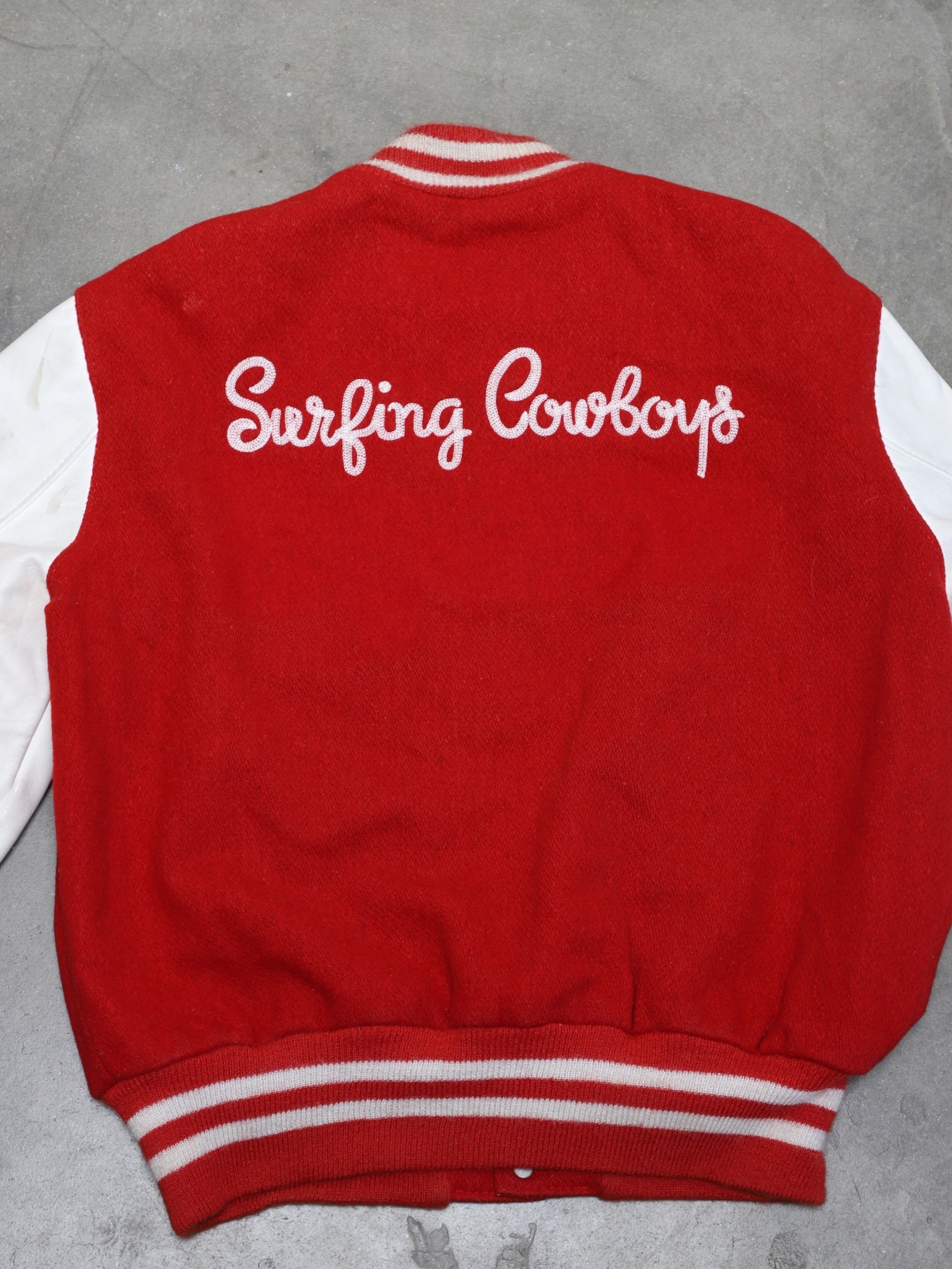 Upcycled Surfing Cowboys Lee Letterman Jacket M Red w Cream