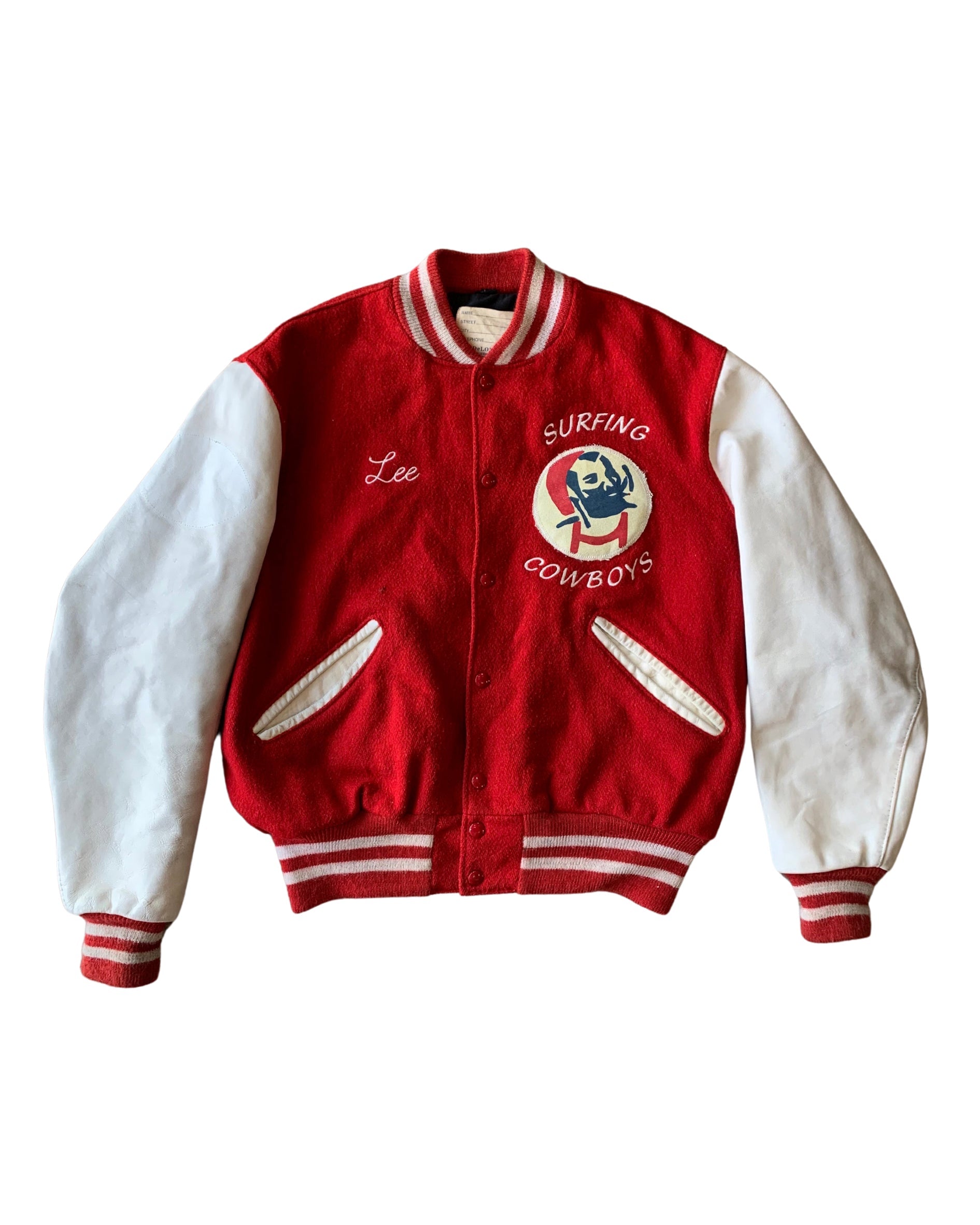 Upcycled Surfing Cowboys Lee Letterman Jacket M Red w Cream